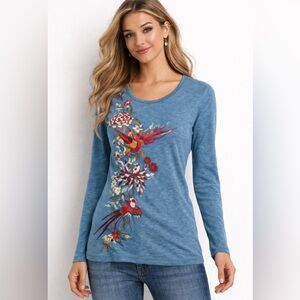 JW Los Angeles Joy Love Light Embroidered Bird Floral Top M Boho